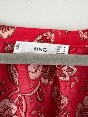 MNG Mango Red Paisley Floral Square Neck Elbow Balloon Sleeves Cotton Linen Top thumbnail 4