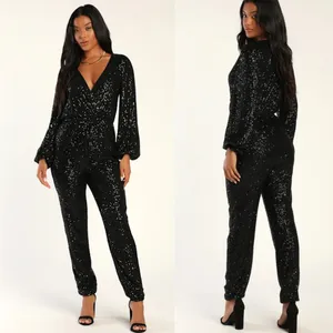 Lulus Sensational Beauty Black Sequin Surplice Long Sleeve Jumpsuit Glam Size S thumbnail 2