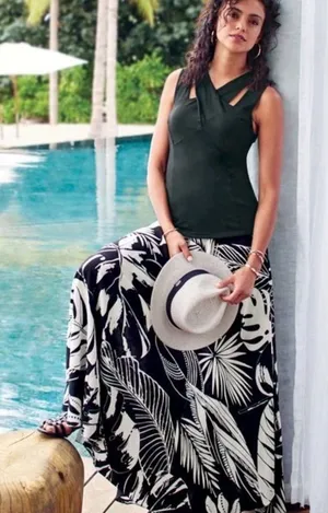 Soft Surroundings Black and White Tropical Print Maxi Skirt thumbnail 1