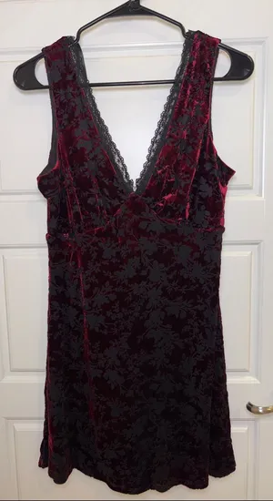 Burgundy Floral Burnout Velvet Lace Trim Mini Dress V-Neck Sleeveless L thumbnail 1