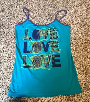 Zumba Women Teal Love Graphic Spaghetti Strap Athletic Workout Cami Tank Top L‎ thumbnail 1