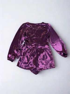 She + Sky Plum Purple Metallic Wrap Romper Long Sleeve Tie Waist Size L NWOT thumbnail 6