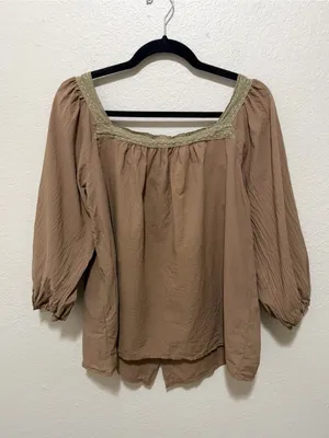 Neuflora Boho Peasant Blouse Brown Lace Trim Button Front Balloon Sleeve Medium thumbnail 2