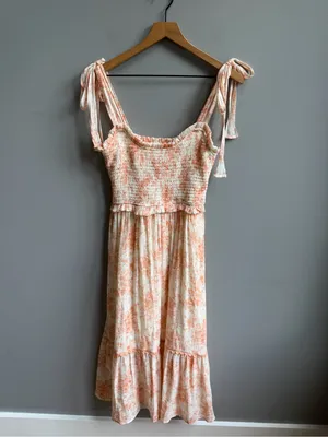 Altar’d State Peach Orange Floral Tie-Shoulder Smocked Midi Dress Medium thumbnail 2