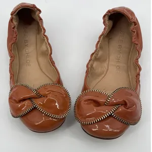 See by Chloe Patent Leather Bow Ballet Flats Sz 6.5 Old Money Euro Zipper Cognac thumbnail 3