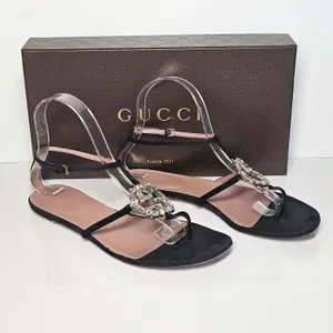 Gucci Black Suede Crystal Interlocking G T-Strap Flat Sandals Glam Size 37.5 thumbnail 5