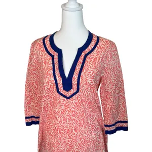 J. Crew Coral Navy Floral Crepe 100% Cotton V-neck 3/4 Sleeve Tunic‎ Medium EUC thumbnail 2