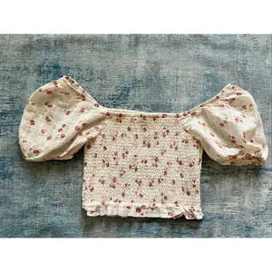 American Eagle Ivory Brick Red Crop Smocked Puff Sleeve Peasant Top Small thumbnail 2
