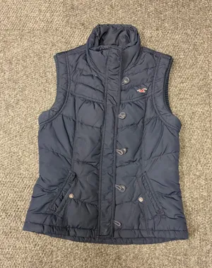 Hollister Navy Blue Quilted Puffer Vest Mock Neck Button Front Women's Size M thumbnail 1