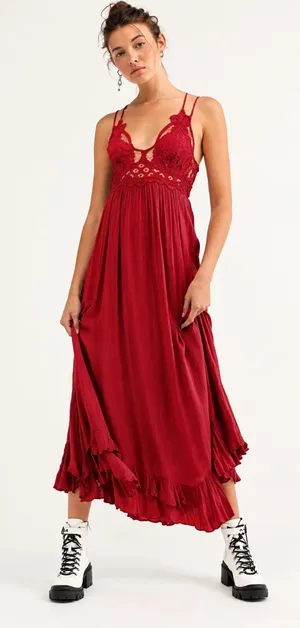 🌺 Free People Adella Maxi Dress Burgundy Lace Strappy Boho Size Medium 🌺 thumbnail 1