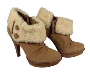 UGG Boots Womens Size 8 Brown Suede Shearling Ankle Cone Heel Zip Cuff Booties thumbnail 1