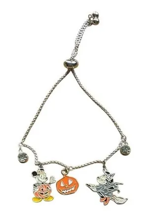 Disney Halloween Mickey Minnie Mouse‎ Pumpkin Witch Charm Bolo Bracelet Silver thumbnail 1