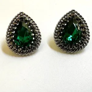 Green rhinestone silver tone teardrop post earrings thumbnail 4