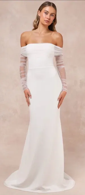 NWOT-Lulus wedding collection beloved mesh off shoulder dress thumbnail 1