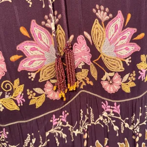 Farm Rio Maxi Dress Women Medium Burgundy Floral Tiered Beaded Tassel Boho thumbnail 7