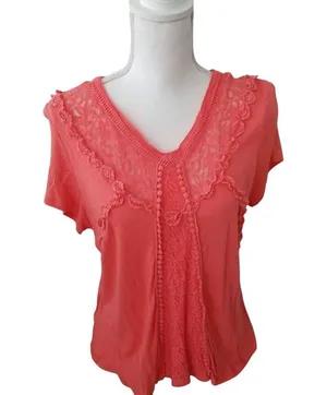 Cato Womens Coral Lace Accent V-Neck Short Sleeve Top Size L thumbnail 1