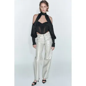 ZARA Metallic Mid-Rise Boyfriend‎ Jean Silver Sz 6 thumbnail 2