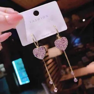 Purple Crystal Love Heart Long Tassel Dangle Drop Earrings for Women thumbnail 1