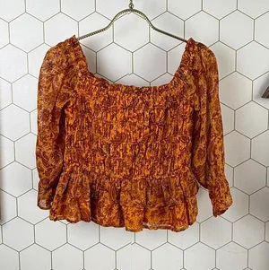 Patrons of Peace Crop Floral Smocked Ruffle Marigold Top - Size - Medium thumbnail 1