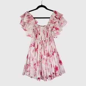 MISA Dress Pink Dina Mini Off Shoulder Smocked Abstract Rose Flowy Coquette XS thumbnail 2