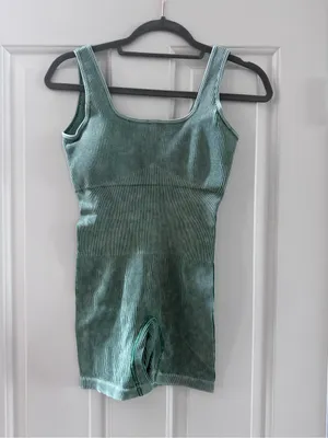 Zenana NWOT Green Washed Ribbed Seamless Tank Romper Removable Padded Cups thumbnail 2