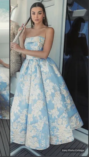 MAC DUGGAL 20726 Light Blue Strapless Brocade Midi Dress with Pockets Size 2 thumbnail 1
