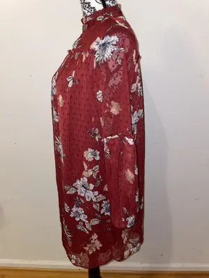 Japna Red Floral Boho Semi Sheer Ruffle Neck Long Sleeve Shift Dress Size Small thumbnail 4
