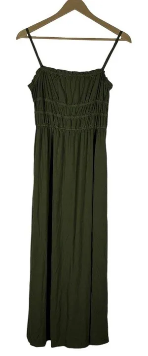 Lovestitch Smocked Ruffle Solid Maxi Dress Olive Green Boho Stretch Size S thumbnail 1