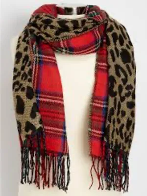 Maurices Blanket Scarf Reversible Red Plaid Cheetah Print New Pashmina Shawl thumbnail 1