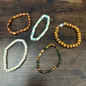 Boho Western Brown, Cream and Mint Layered Beaded Bracelet Set thumbnail 3
