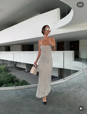 Zara Silver Sequin Spaghetti Strap maxi Dress evening party holiday thumbnail 6