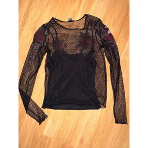 American Eagle Floral Embroidered Mesh Top Black Sheer Polka Dot Long Sleeve XS thumbnail 5