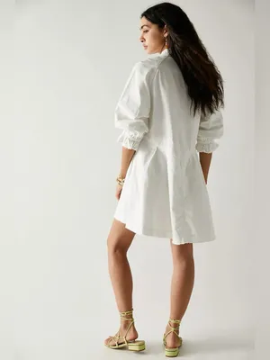 Free People We The Free Hannah Denim Mini Shirt Dress Cream Small Raw Hem Cotton thumbnail 4