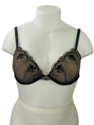 Victoria's Secret Very Sexy Black Nude Mesh Embroidered Scalloped Push-up Bra XL thumbnail 1