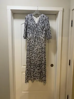 Rebecca Taylor Dress Womens 6 Blue Floral Ruched Fit Flare Midi 3/4 Sleeve thumbnail 2