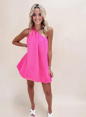 TCEC One Shoulder Bubble Hem Organza Mini Dress Hot Pink thumbnail 2