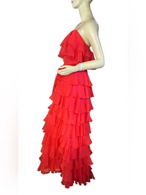 Vintage 1970'S Red Chiffon Tiered Ruffle Miss Elliette California Maxi Dress (S) thumbnail 6
