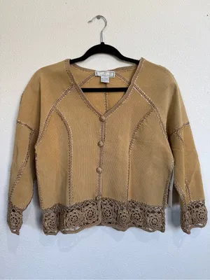SMH Boutique Tan Perforated Leather Crochet Flower Jacket Boho Western NWT Small thumbnail 2