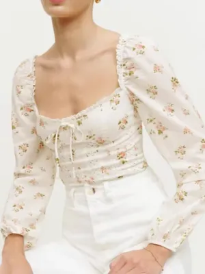 Reformation Isadora Floral Balloon Long Sleeve Smocked Top Corset Embroidered thumbnail 3