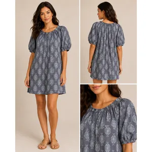 Wonderly Womens Blue‎ Medallion Cotton Gauze Peasant Mini Dress M Puff Sleeve thumbnail 2