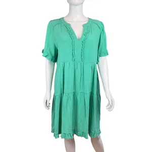 Umgee Green Tiered Frayed Hem V‎ Neck Short Sleeve Casual Dress Size Medium thumbnail 4