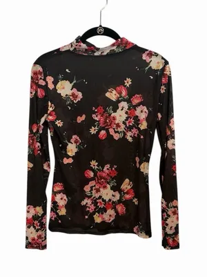 Mesh See Through Floral Long Sleeve Mock Neck Top Size Small Festival Concert thumbnail 1