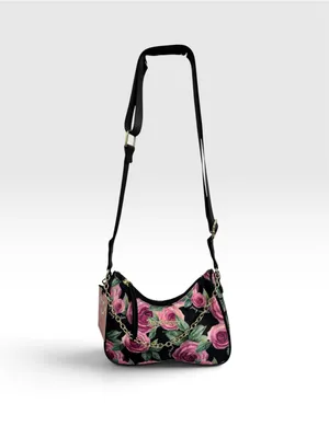 Juicy Couture Black Pink Rose Floral Print Mini Shoulder Bag Gold Chain Strap thumbnail 2