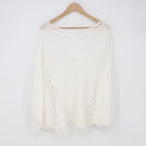 World Market Poncho Top Womens One Size Boho Crochet Lace White Embroidered EX thumbnail 4