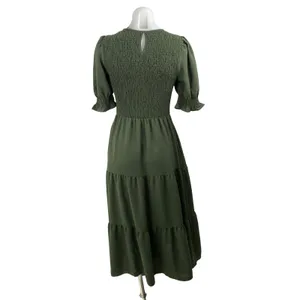 BTFBM Women's Green Smocked Short Puff Sleeve Tiered A Line Maxi Dress Size S thumbnail 4