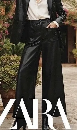 Zara Black Faux Leather 8 Pants Wide Leg High Rise Trousers Patch Pockets Chic thumbnail 2