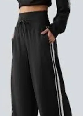 Halara Wide Leg Pants Women M Petite Black Excellent Side Stripe Ribbed Rib Knit thumbnail 1