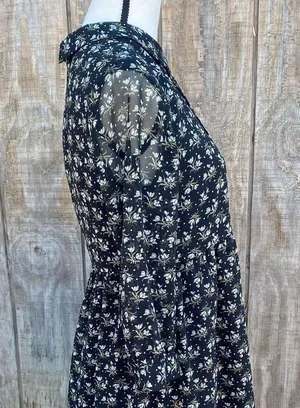 Uniqlo Baby Doll 3/4 Sleeve Dress Black Ditsy Floral Peter Pan Collar Size M thumbnail 5