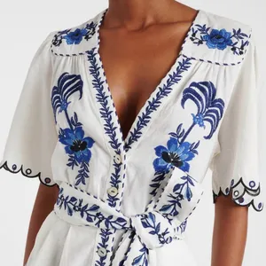 Farm Rio Embroidered Linen Romper Size XS thumbnail 2