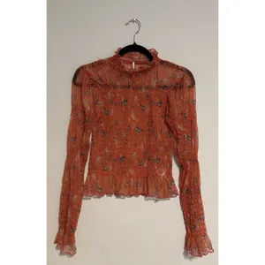 Free People Hello There Floral Sheer Mesh Mock Neck Bell Sleeve Blouse Sz S EUC thumbnail 4